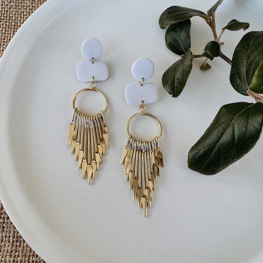 Ivory and Gold Tassel Clay Earrings